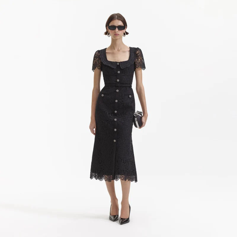 BLACK GUIPURE LACE BUTTON MIDI DRESS