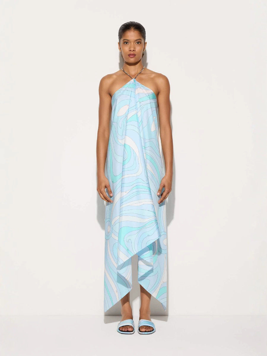 Printed Halter Neck Long Dress Irregular Dress