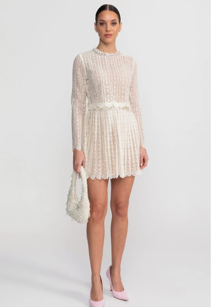 Lace Mini Dress With High Neck And Pleated Skirt - Ivory