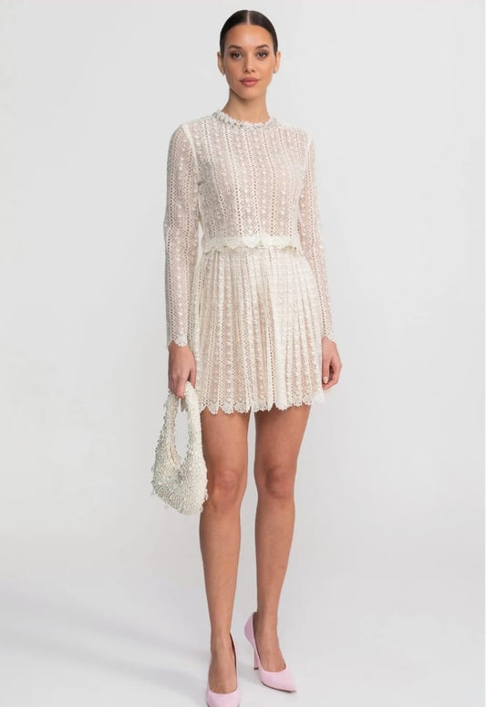 Lace Mini Dress With High Neck And Pleated Skirt - Ivory