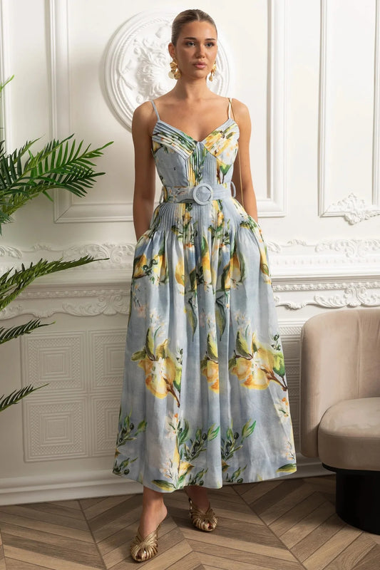 Pleated Bust Belted Midi Dress with Spaghetti Straps - Sky Blue