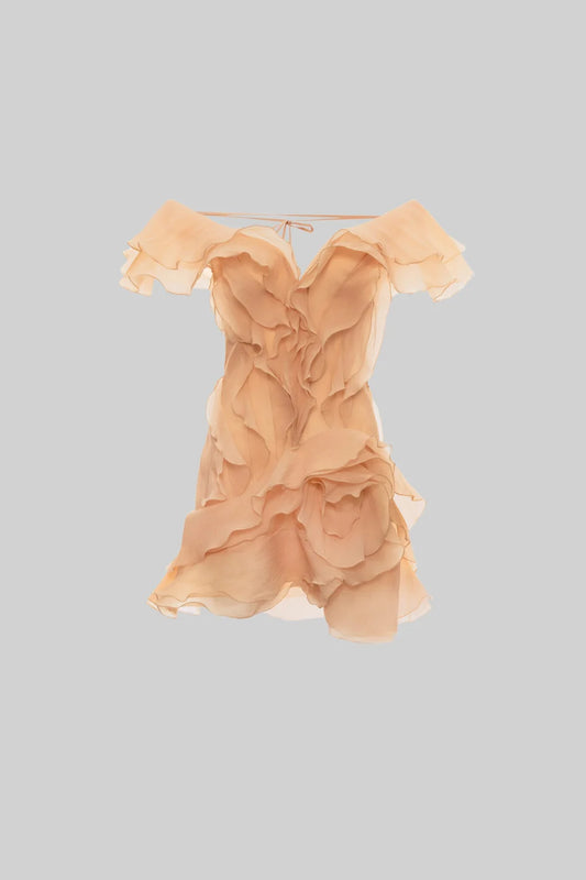 Layered Sheer Mini Dress With Ruffled Design - Beige
