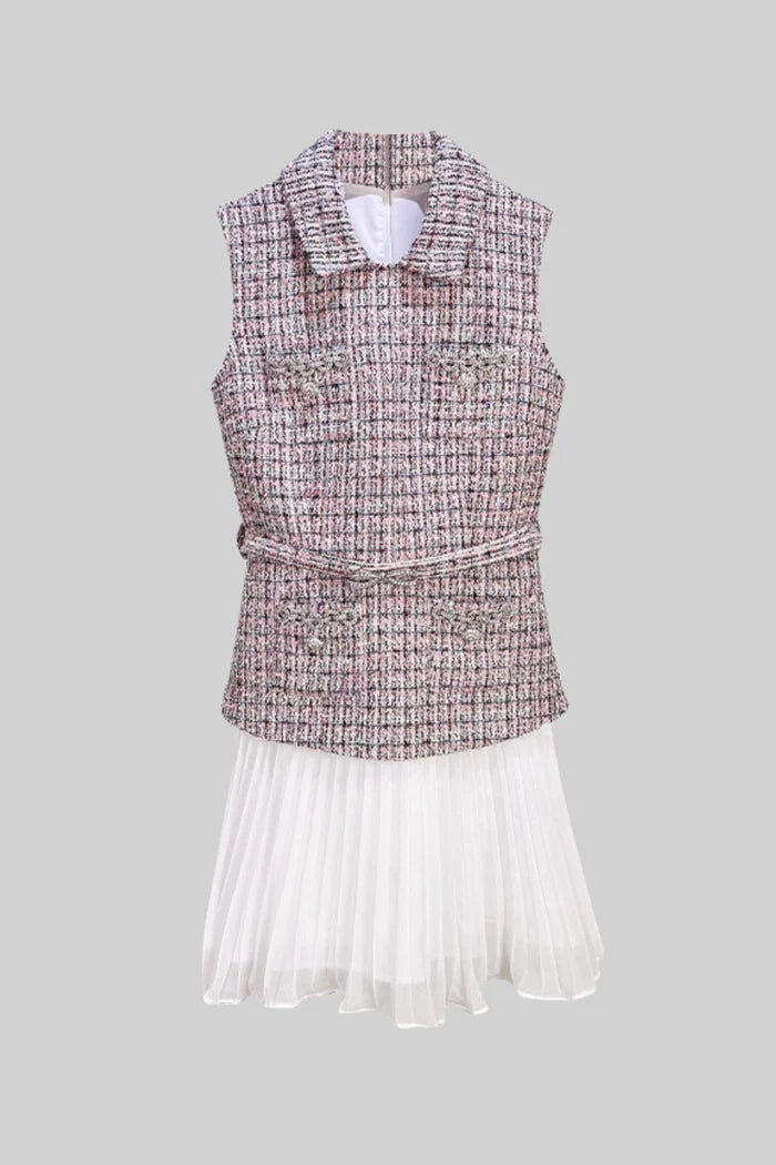 Tweed Vest Dress with Pleated Skirt Detail - Pink/White