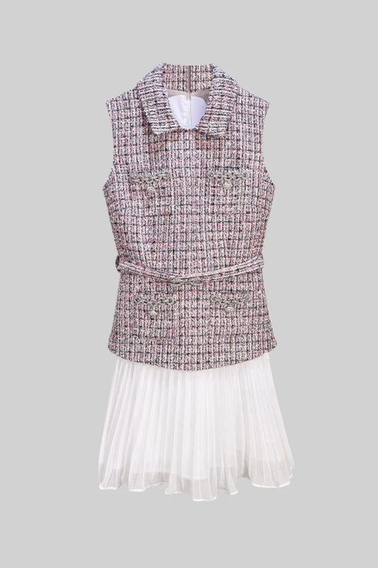 Tweed Vest Dress with Pleated Skirt Detail - Pink/White
