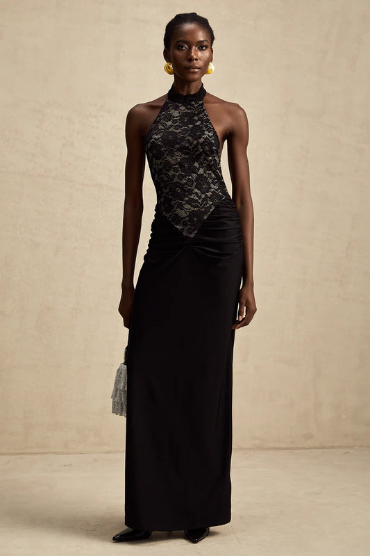 Camille black halterneck floral-lace maxi dress