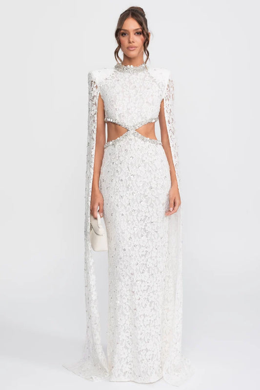 Crystal Cutout Lace Gown With Sequin Embellishments - White