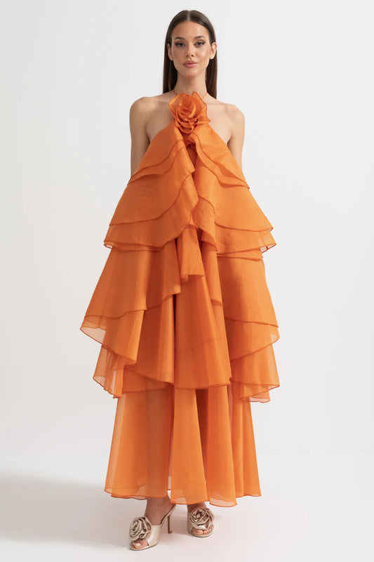 Layered Ruffle Halter Dress With Decorative Neckline Flower - Orange