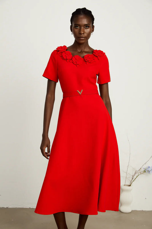 Elowen red short-sleeve floral-appliqué midi dress