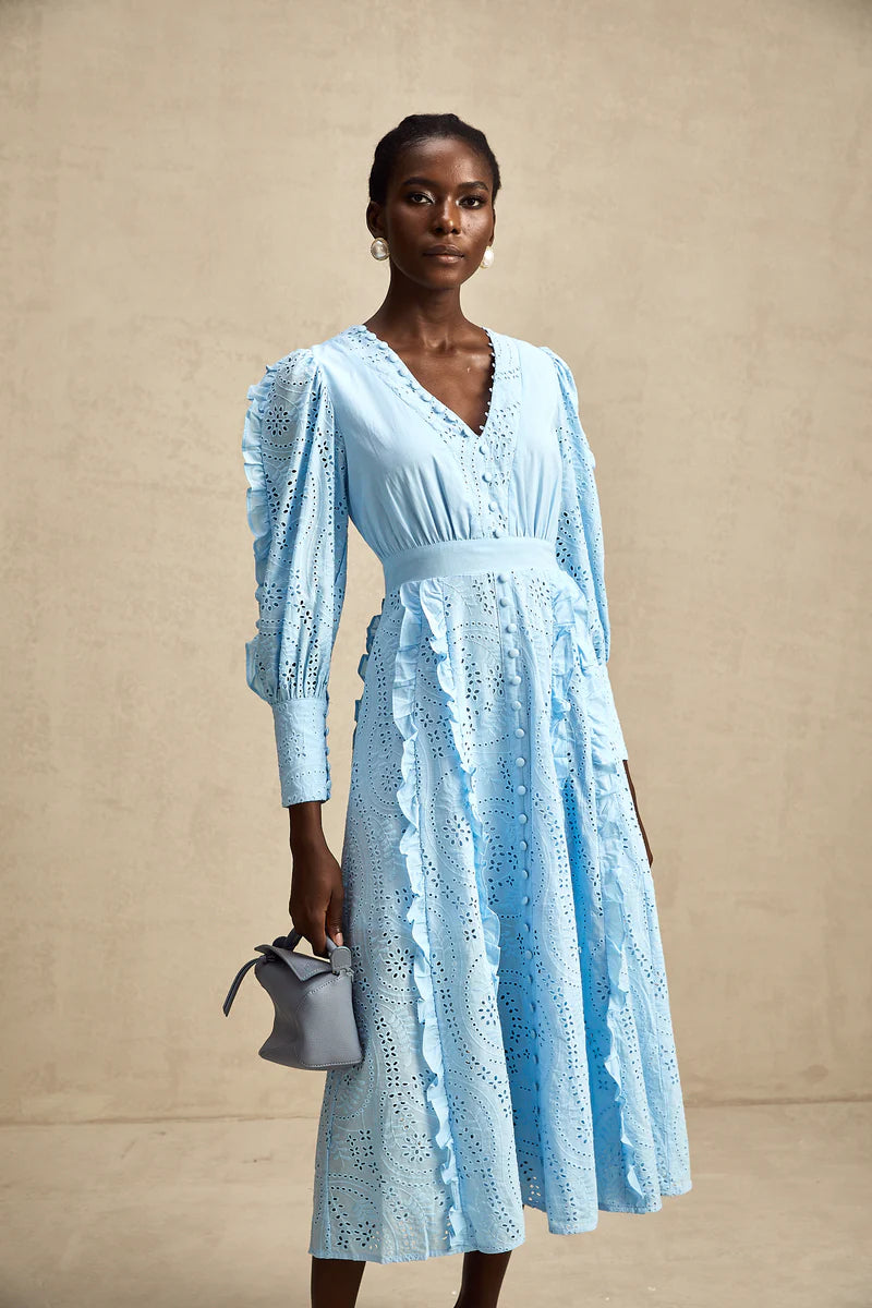 Raphaëlle blue open-work ruffled midi dress