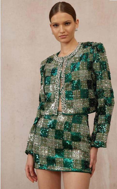 Raphaëlle Green Embellished Checked Tweed Matching Set