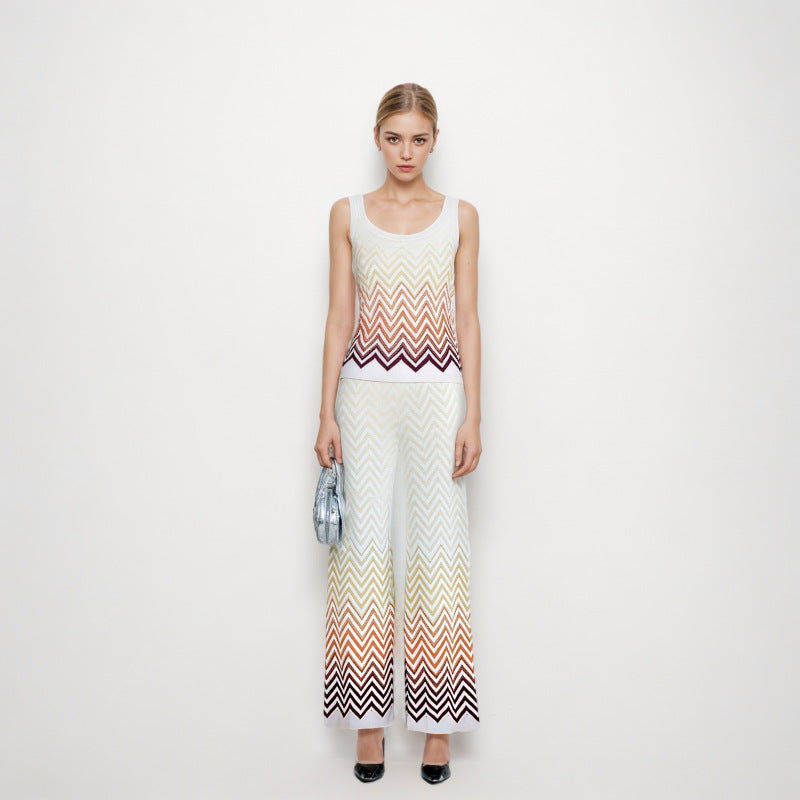 High-Waisted Pants Wavy Stripesd Knitted Fashion Suit