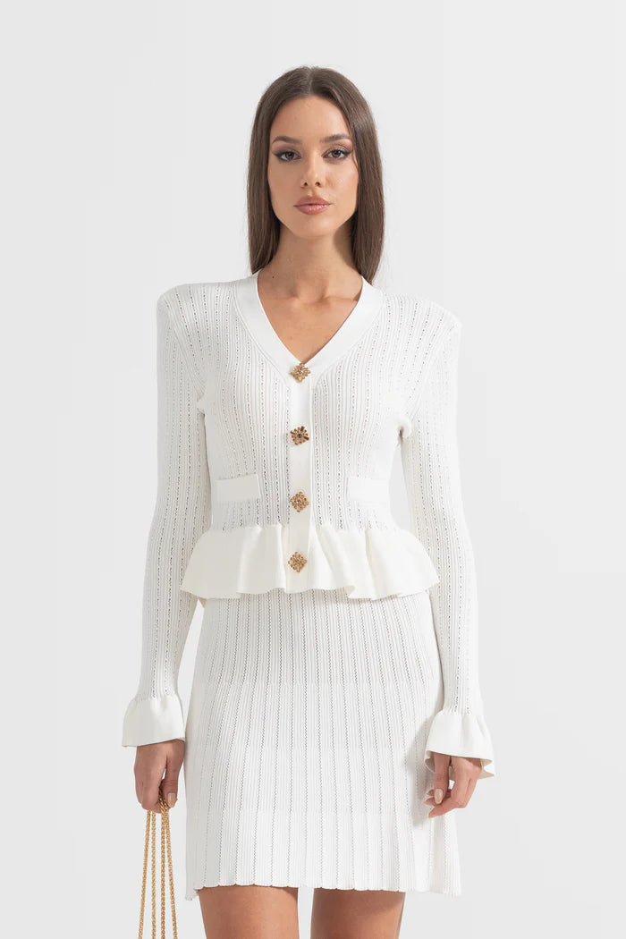 Long Sleeve Knitted Dress With Gold Buttons And Peplum Waist - White