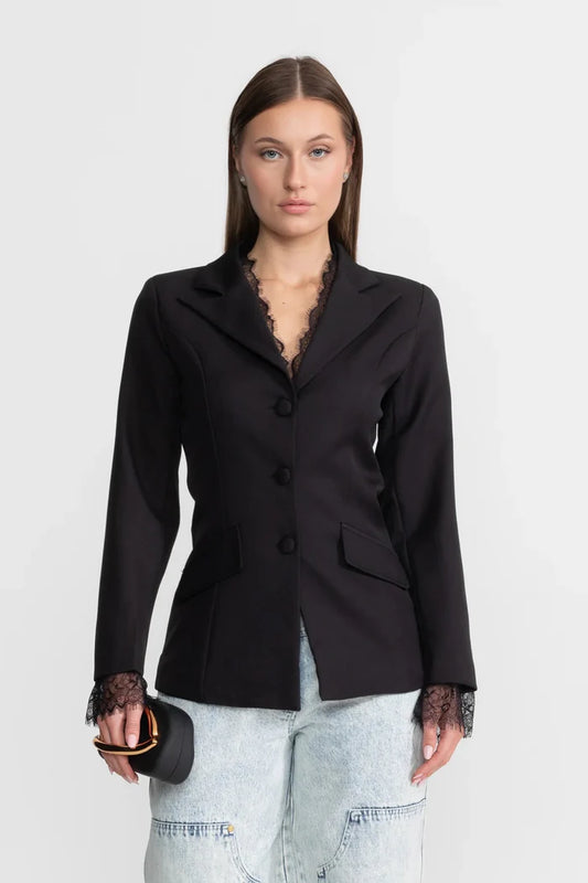 Tailored Lace-Trim Blazer With Tonal Button Closure – Black