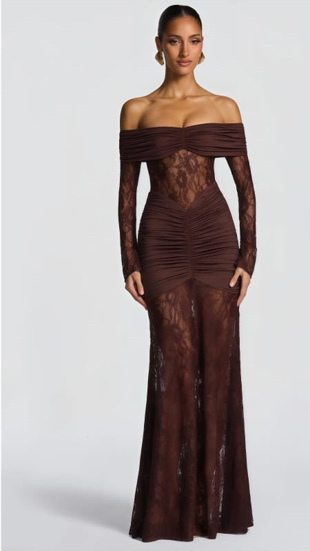 Brigitte Brown Lace Panel Ruched Maxi Dress