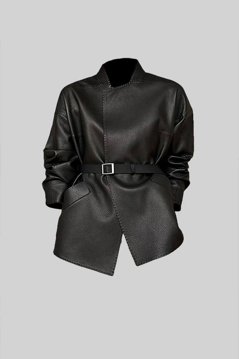 Vegan Leather Jacket with Adjustable Waistbelt - Black