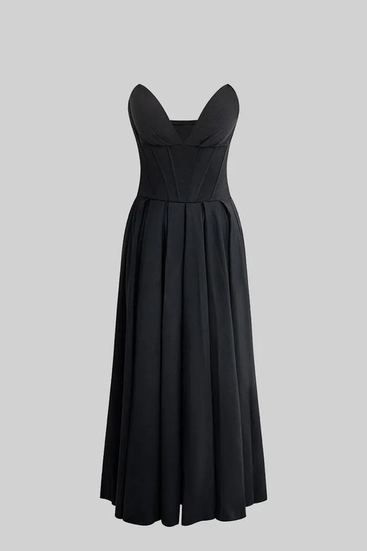 Sophisticated Strapless Midi Dress with Fitted Bodice - Black