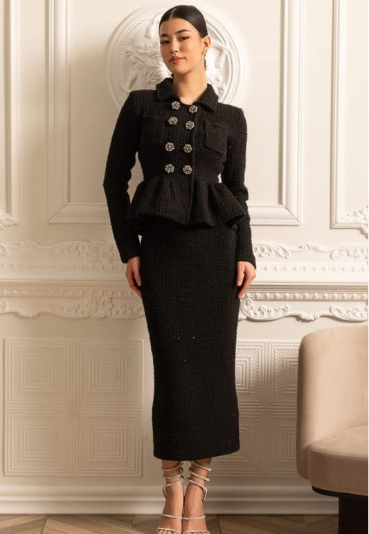 Knitted Textured Dress With Peplum Waist And Decorative Buttons - Black