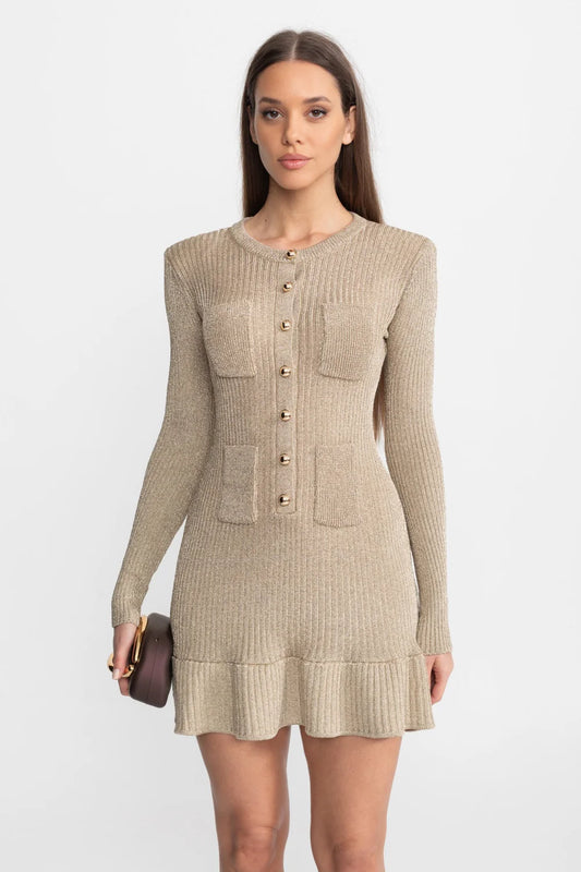 Ribbed Knit Mini Dress with Gold Button Front – Champagne