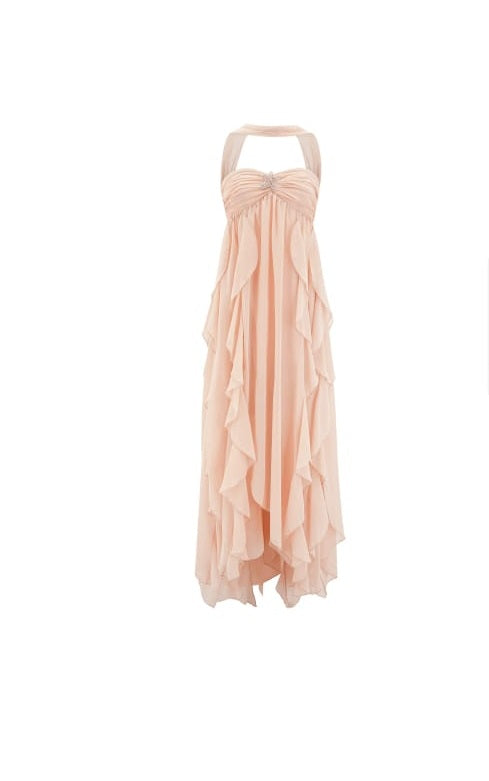 Mariah Pink Chiffon Ruffle Halterneck Maxi Dress