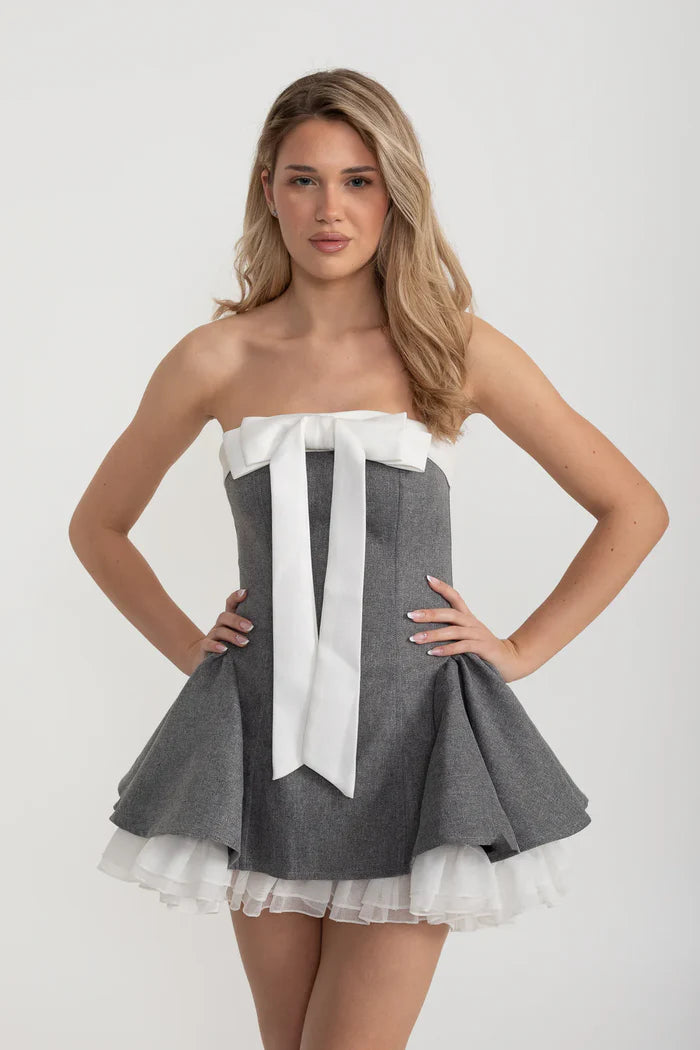 Corset Strapless Mini Dress With Flared Skirt And White Bow Accent - Gray