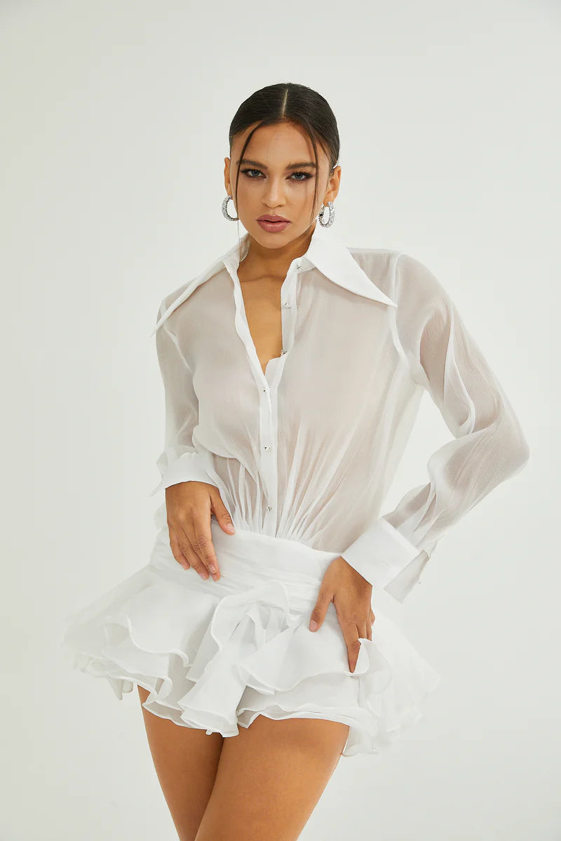 Robe mini-chemise à volants à volants Renée White