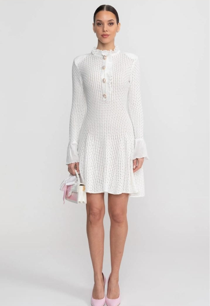 Open-Knit Mini Dress With Ruffle High Neck And Pearl Button Placket - White