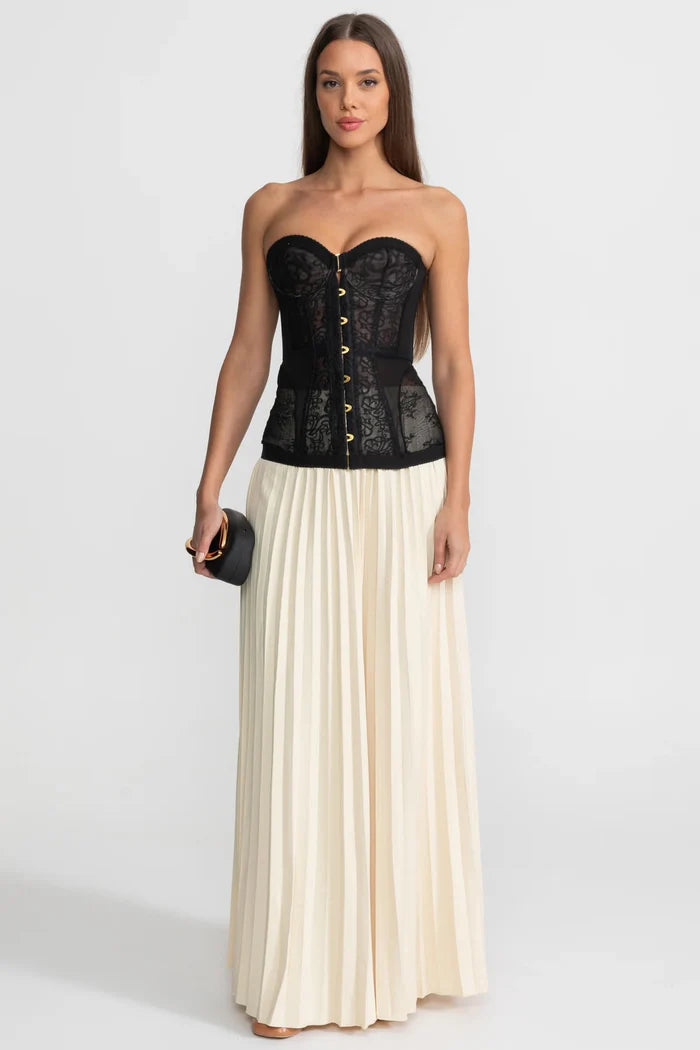Strapless Lace Corset Top with Boning and Front Closure - Black