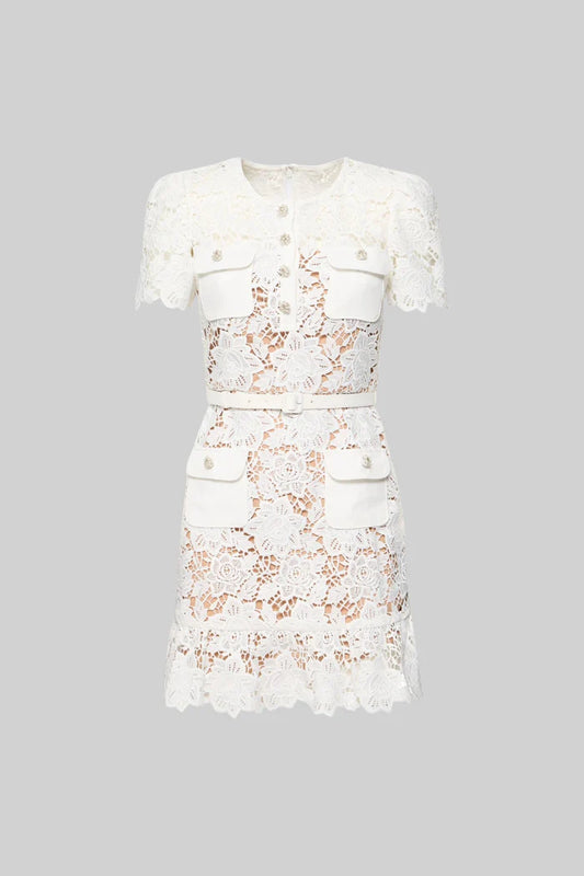Short Sleeve Embroidered Floral Dress - White