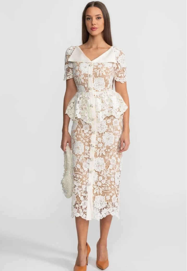 Lace Midi Dress with Peplum Waist and Satin Collar - Ivoire