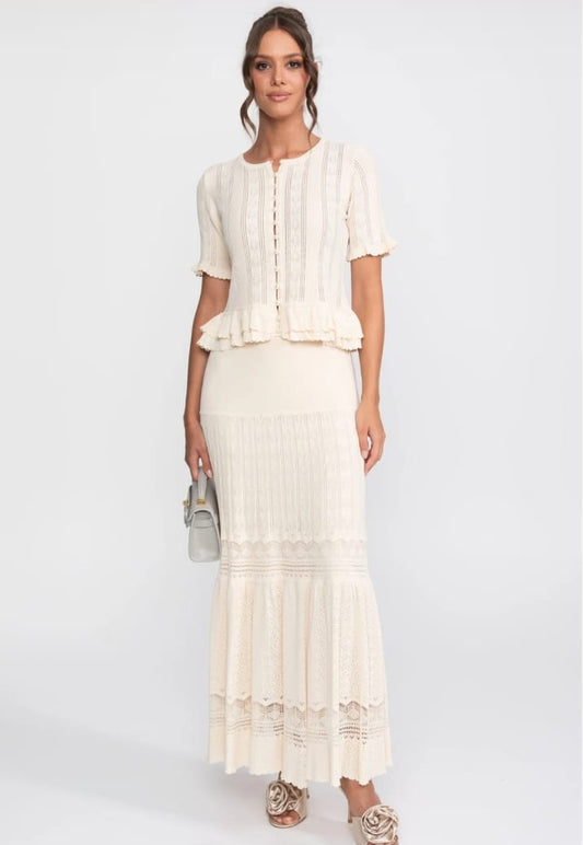 Two-Piece Knit Co-Ord Set With Ruffled Waist - Ivoire