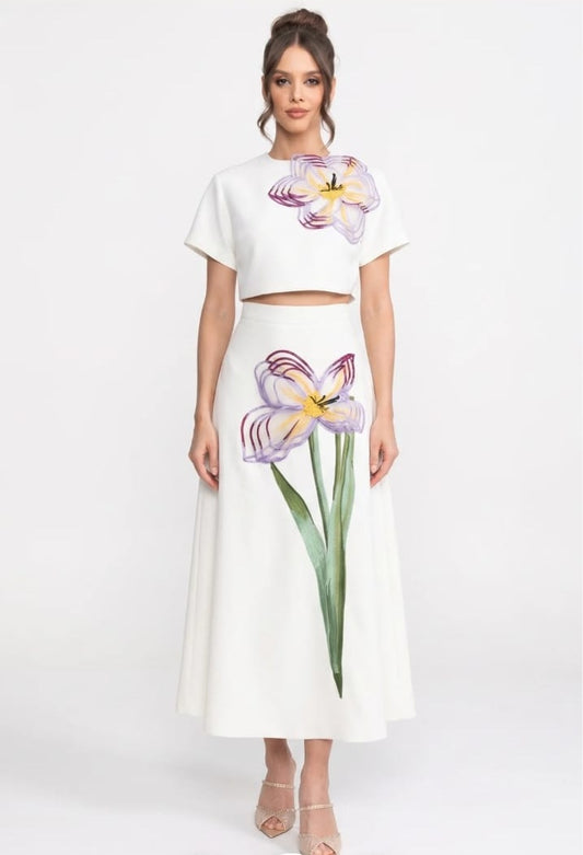 Short-Sleeve Floral-Print Co-Ord Set With Crop Top And Maxi Skirt - White