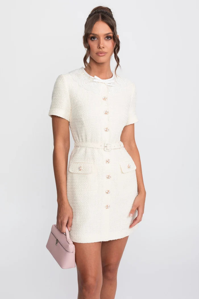 Pearl Button Tweed Shift Dress With Belted Waist - Ivoire
