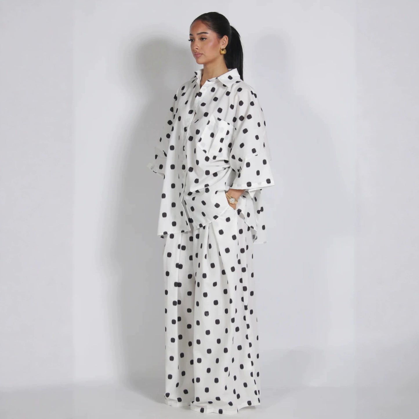 polka dot loose plus-size shirt wide-leg pants two-piece set