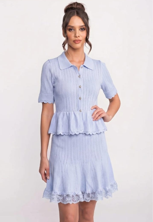 Polo-Collar Mini Dress With Button Top, Peplum Waist And Lace Hem - Blue
