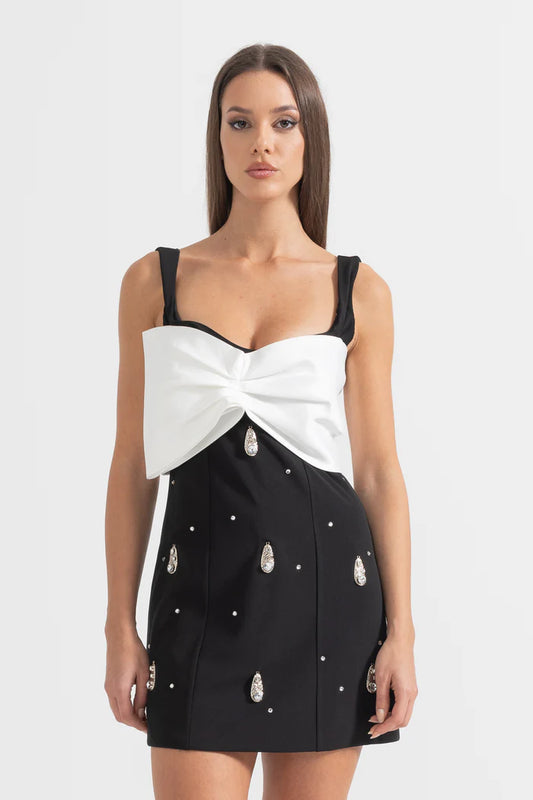 Embellished Mini Dress With White Neckline Bow - Black