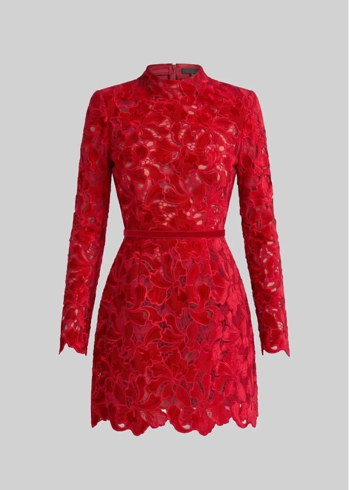Long-Sleeve Lace Mini Dress With High Neck And Scalloped Hem - Red