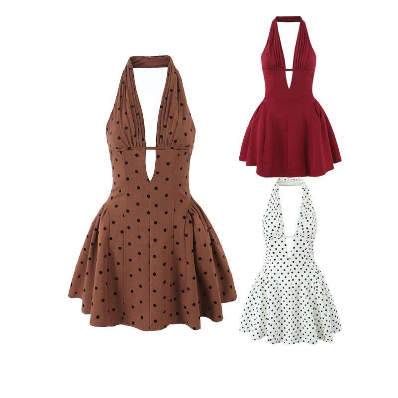 V-Neck Backless Halter Neck Cinched Waist Dress -Dots