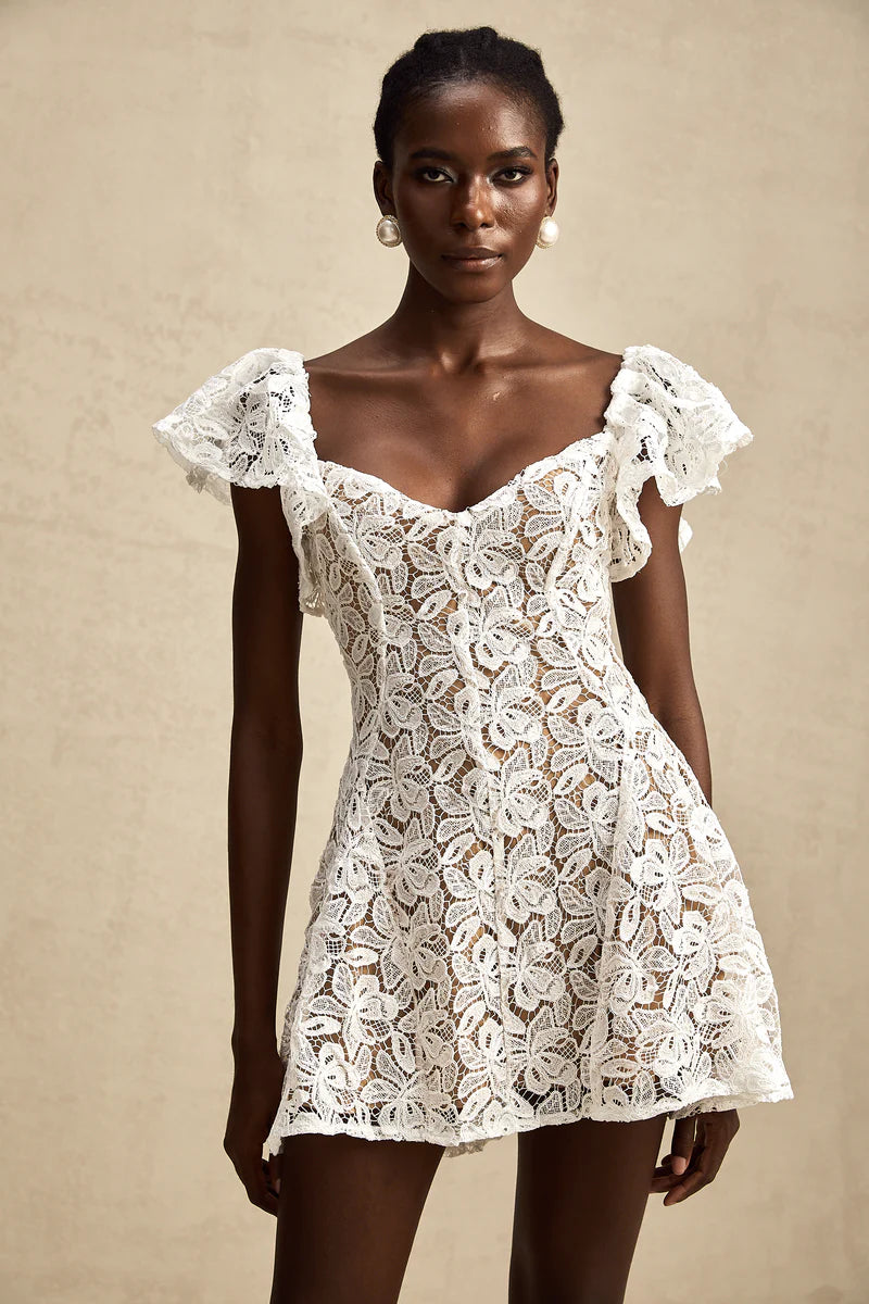 Esme flutter-sleeve lace mini dress in White-out of stock Esme flutter-sleeve lace mini dress in White-out of stock