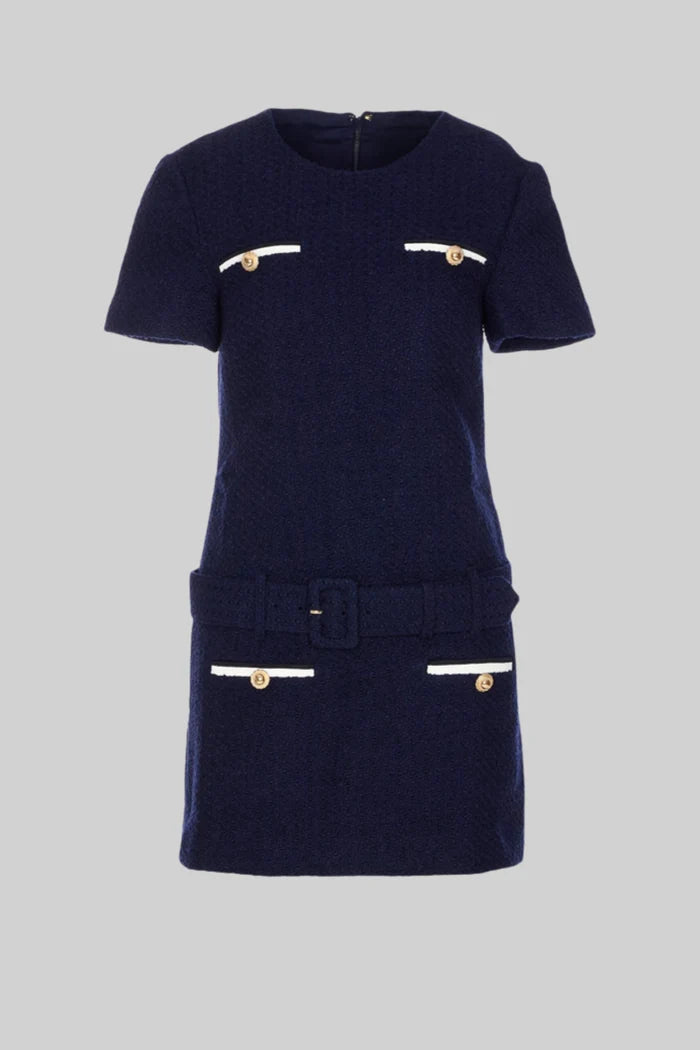 Belted Tweed Mini Dress with Contrast Pockets - Navy
