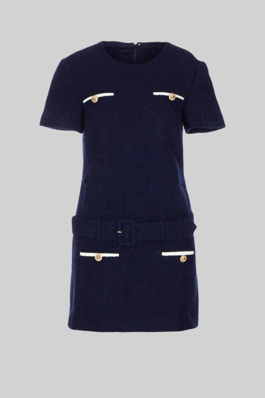 Belted Tweed Mini Dress with Contrast Pockets - Navy