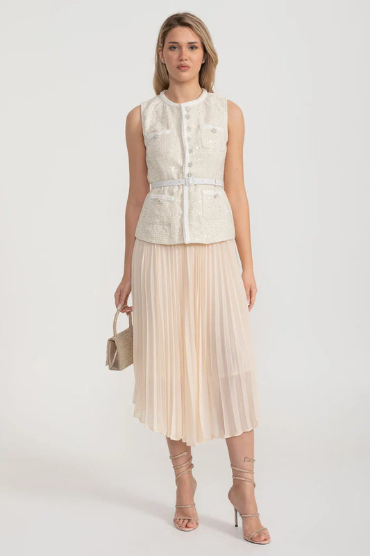 Textured Co-Ord With Front Pockets And Sheer Pleated Skirt - Ivoire