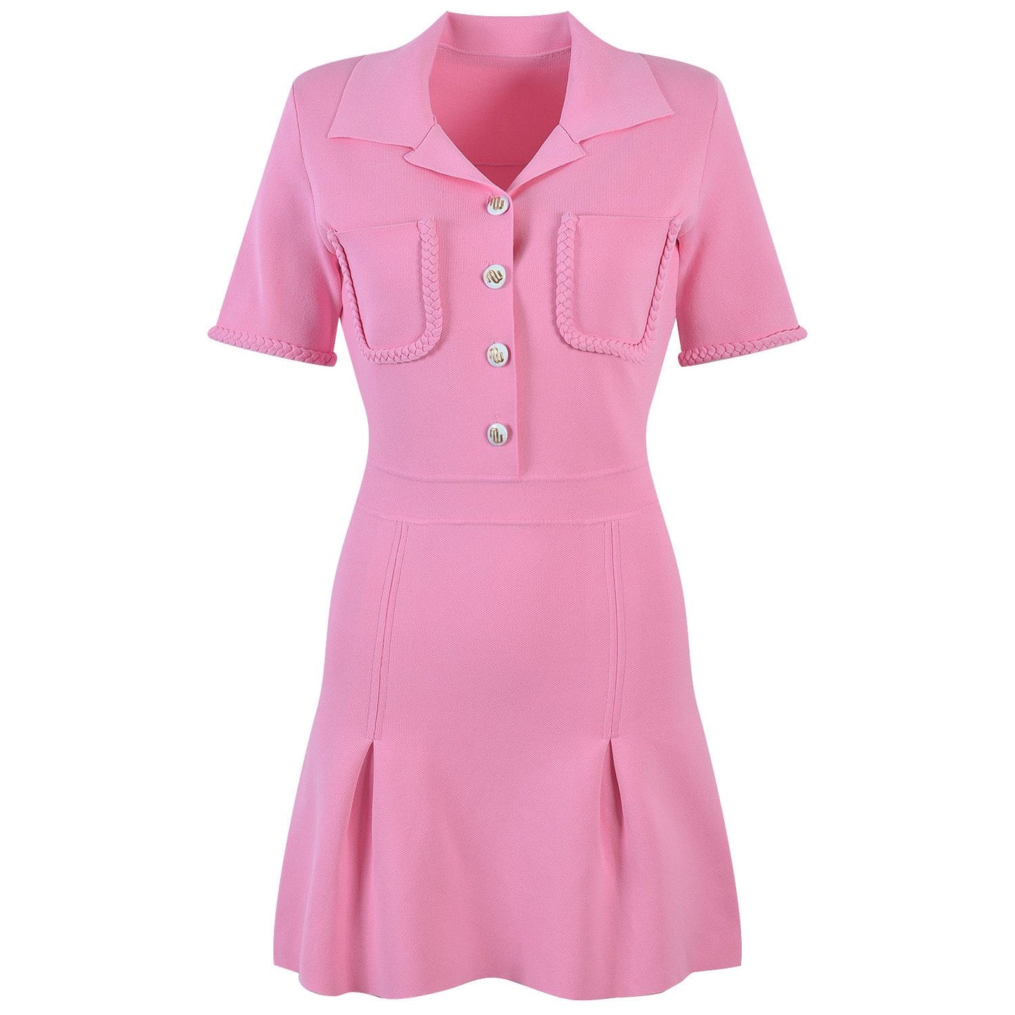 Summer new pink short-sleeved sweet age-reducing lapel dress