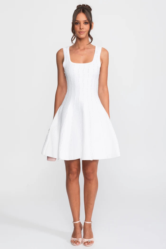 Pearl Beaded Ribbed Mini Dress With Square Neck - White