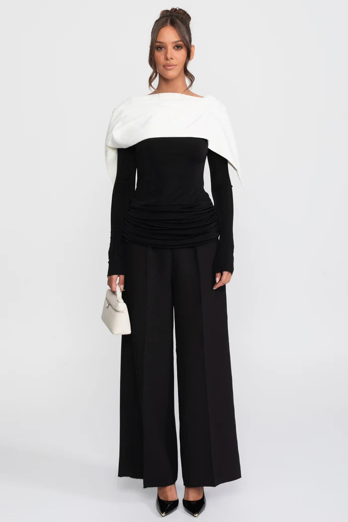 Ruched Wrap Top With Contrasting Cape And Trouser Ensemble - Black