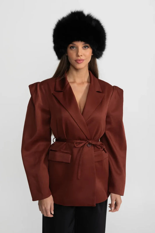 Structured Satin Blazer With Tie Belt - Chestnut Brown