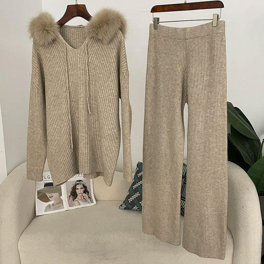 Sweater Wide-leg Pants Hooded Loose set
