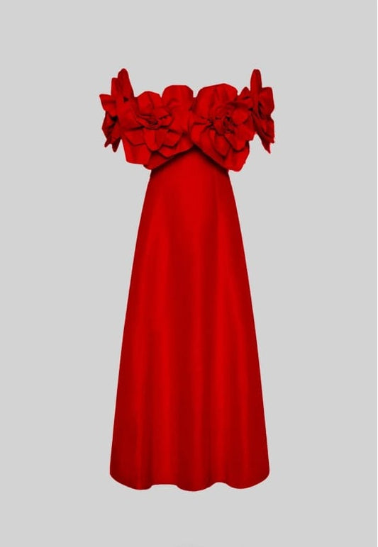 Off-Shoulder Midi Dress With Large Fabric Floral Accents - Red