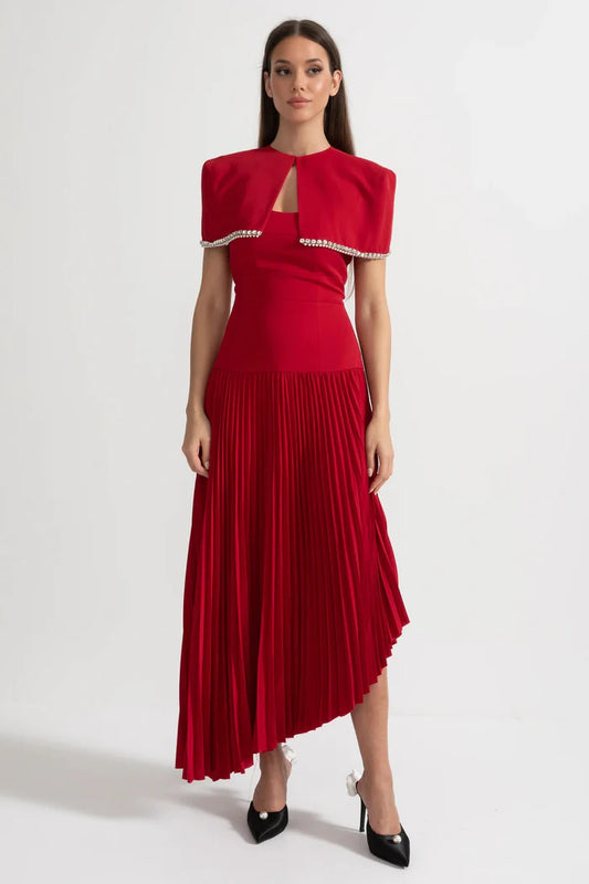 Pleated Midi Dress with Detachable Embellished Shoulder Cape - Red
