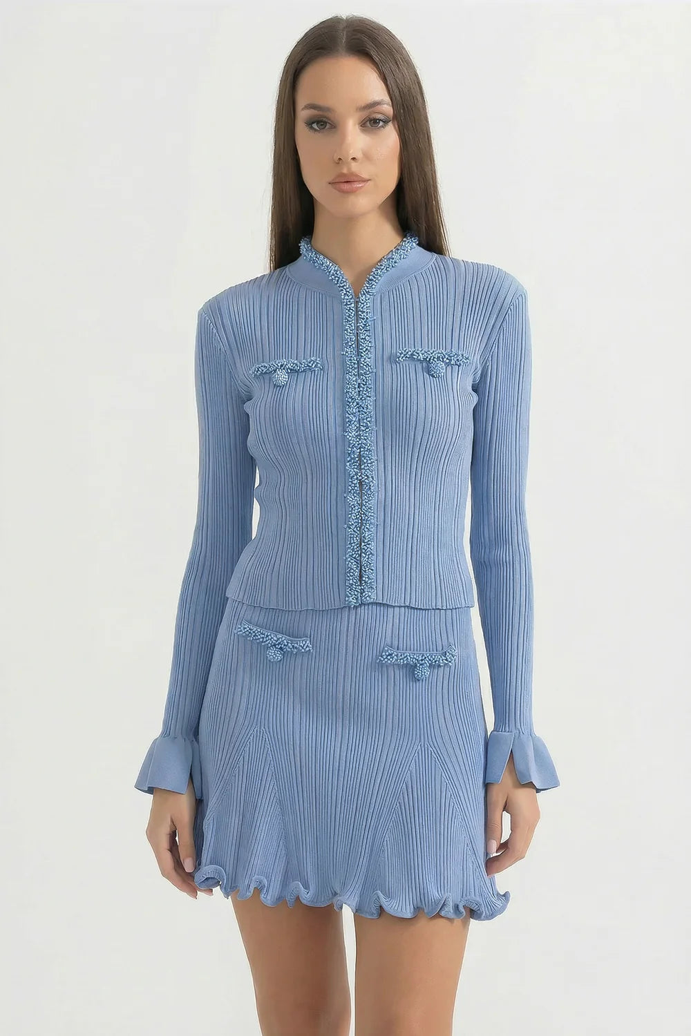 Ribbed Long Sleeve Set With Beaded Embellishments - Blue