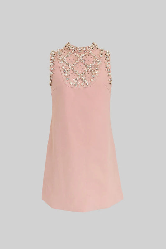 Embellished Sleeveless Mini Dress with High Neckline - Blush Pink